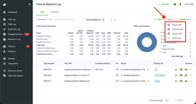 2026-03-06 T&M Log Export options