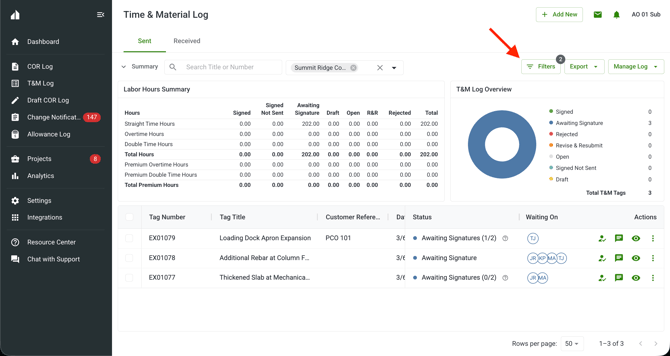 2026-03-06 T&M Log Filters Buttons