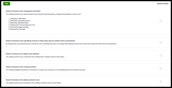 Project Contract settings page