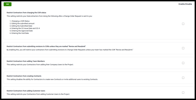 Project Contract settings page